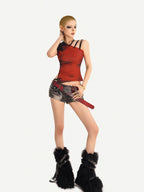 Nico Molly Red Asymmetrical Off Shoulder Twist Knot Slim Fit Women's Tank Tops