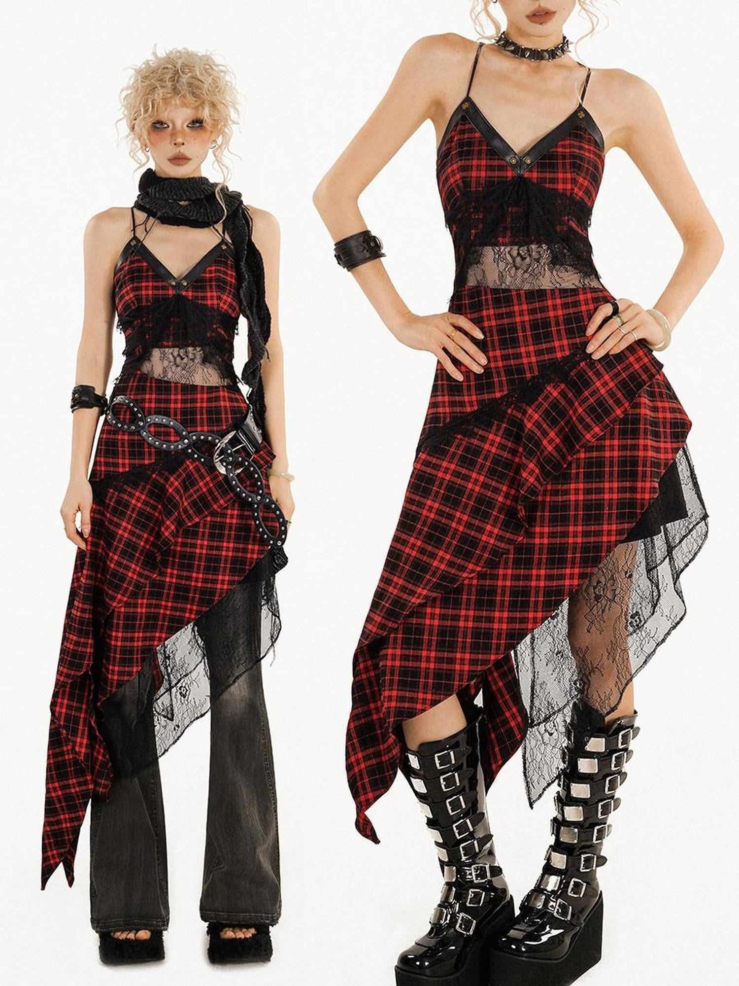 Nico Molly Red Black Plaid Lace Splice Irregular Aline Women's Slip Midi Dresses