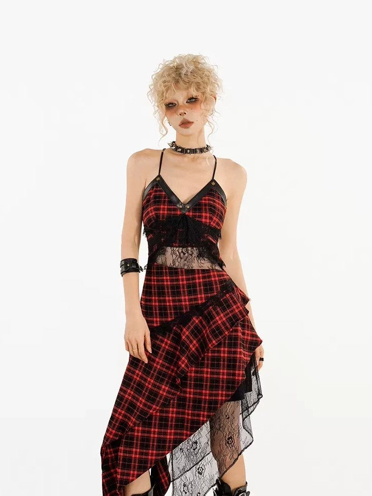 Nico Molly Red Black Plaid Lace Splice Irregular Aline Women's Slip Midi Dresses