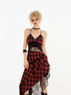 Nico Molly Red Black Plaid Lace Splice Irregular Aline Women's Slip Midi Dresses