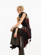 Nico Molly Red Black Plaid Lace Splice Irregular Aline Women's Slip Midi Dresses