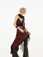 Nico Molly Red Black Plaid Lace Splice Irregular Aline Women's Slip Midi Dresses