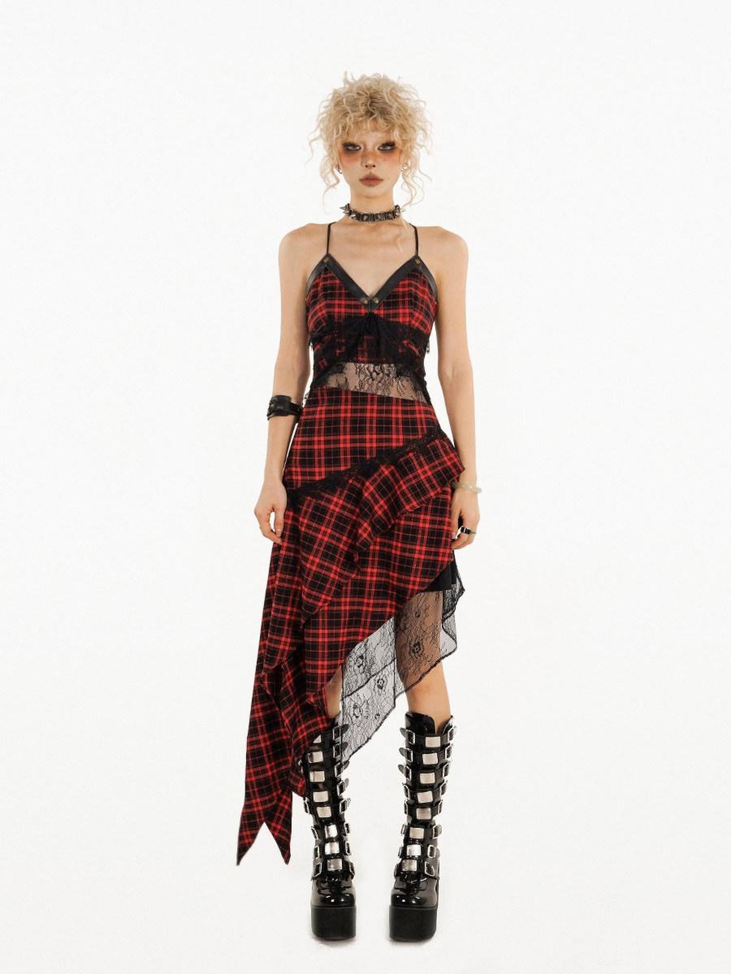 Nico Molly Red Black Plaid Lace Splice Irregular Aline Women's Slip Midi Dresses