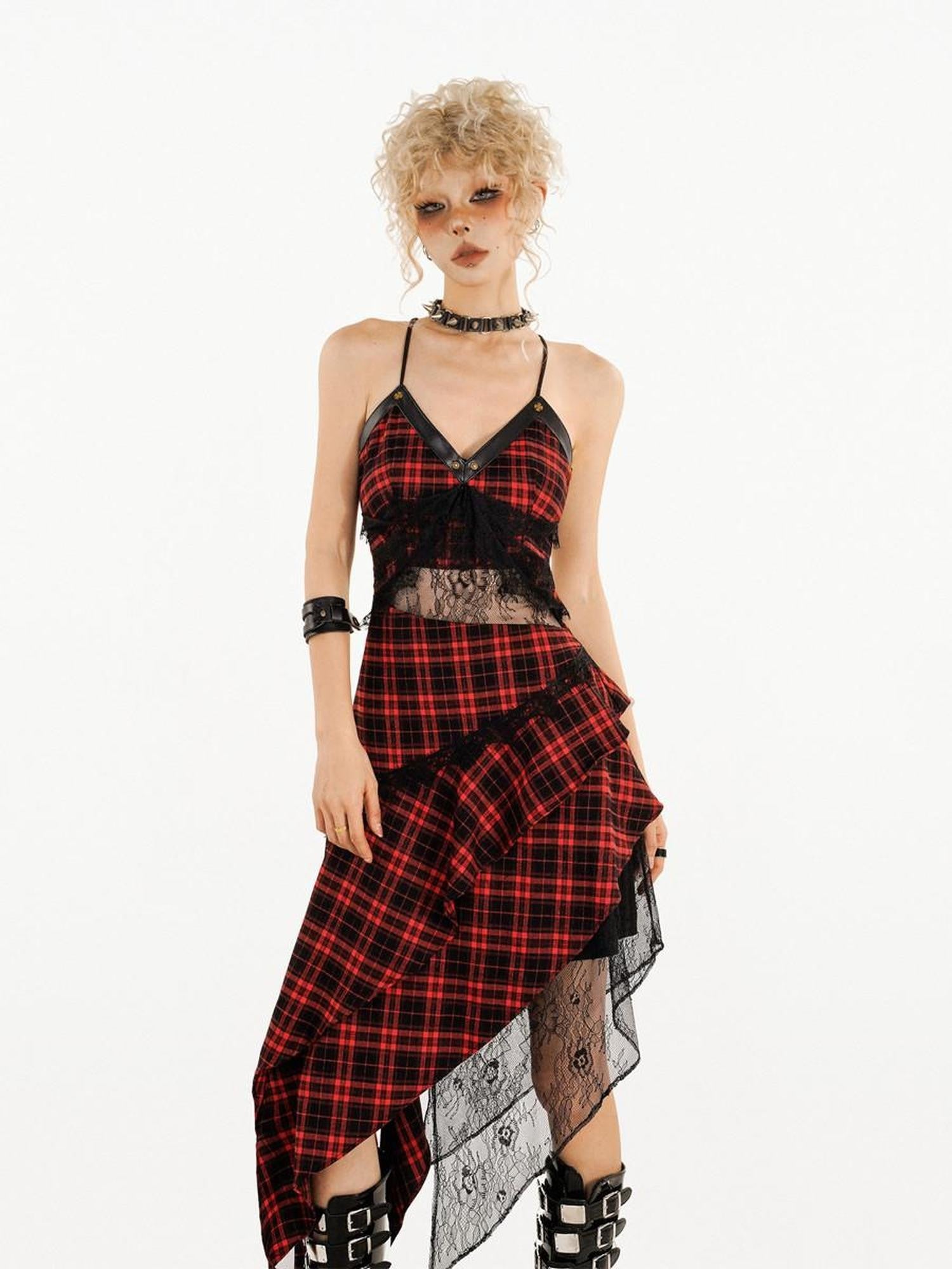 Nico Molly Red Black Plaid Lace Splice Irregular Aline Women's Slip Midi Dresses