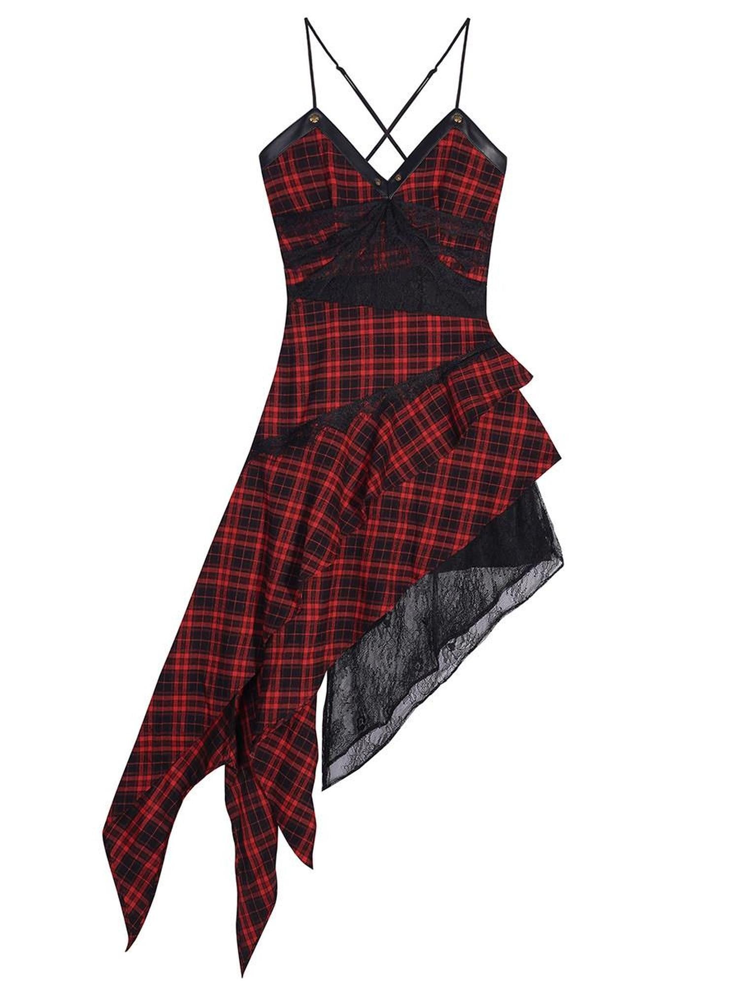 Nico Molly Red Black Plaid Lace Splice Irregular Aline Women's Slip Midi Dresses