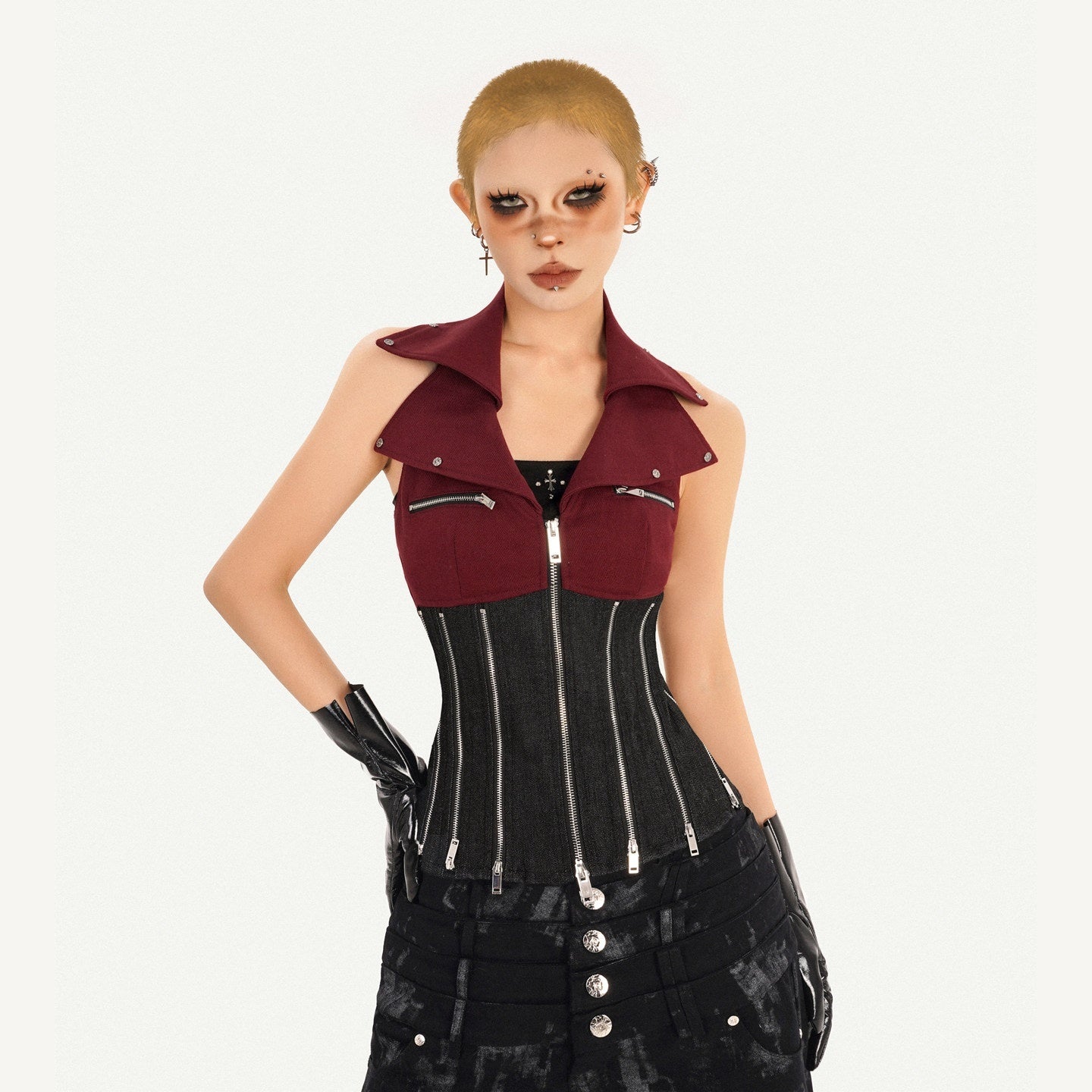 Nico_Molly_Red_Colorblock_Chain_Zipper_Punk_Halter_Lapel_Collar_Women's_Denim_Overshirts_1020902054600_MISSTT