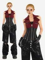 Nico Molly Red Colorblock Chain Zipper Punk Halter Lapel Collar Women's Denim Overshirts