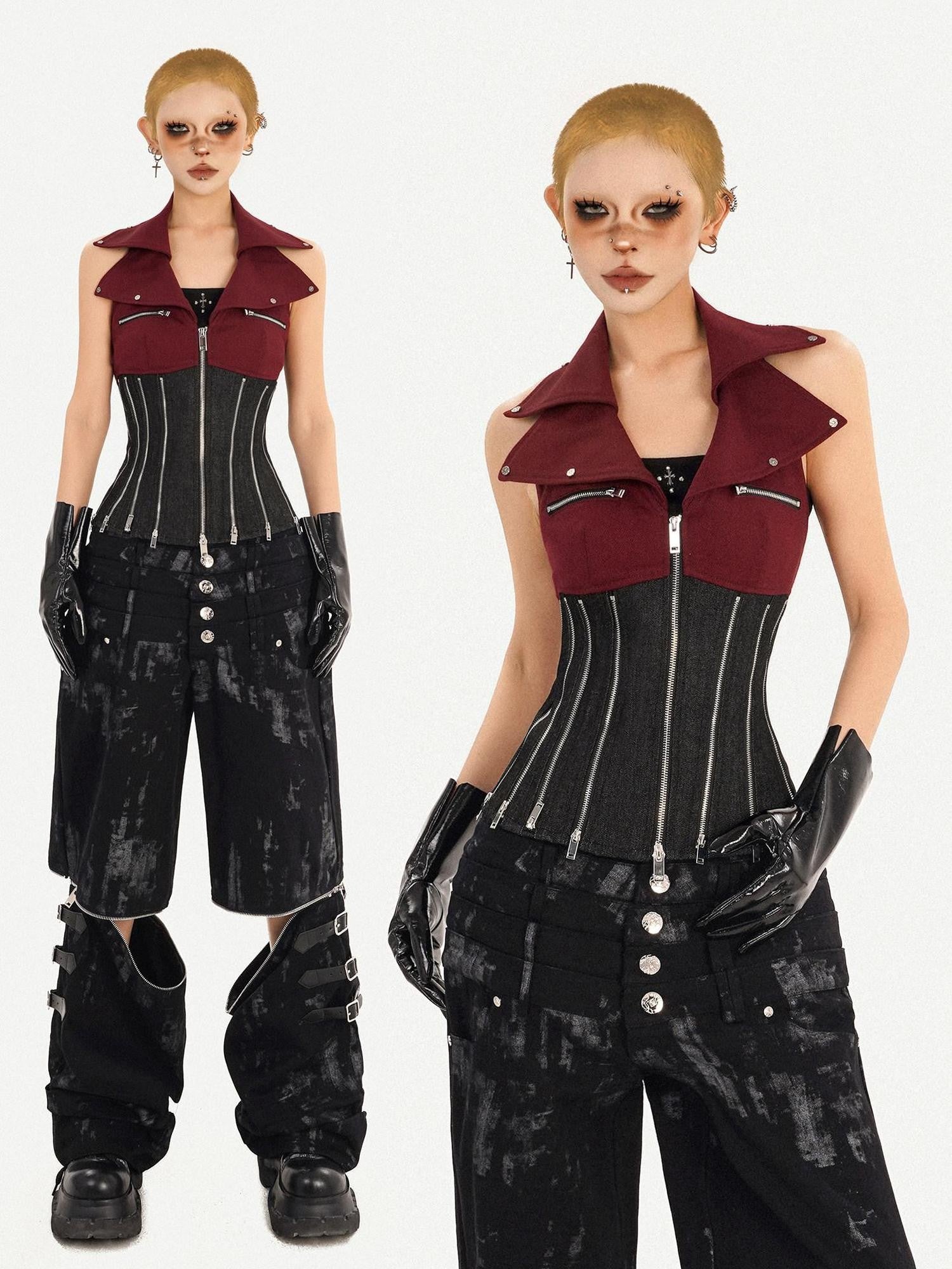 Nico Molly Red Colorblock Chain Zipper Punk Halter Lapel Collar Women's Denim Overshirts