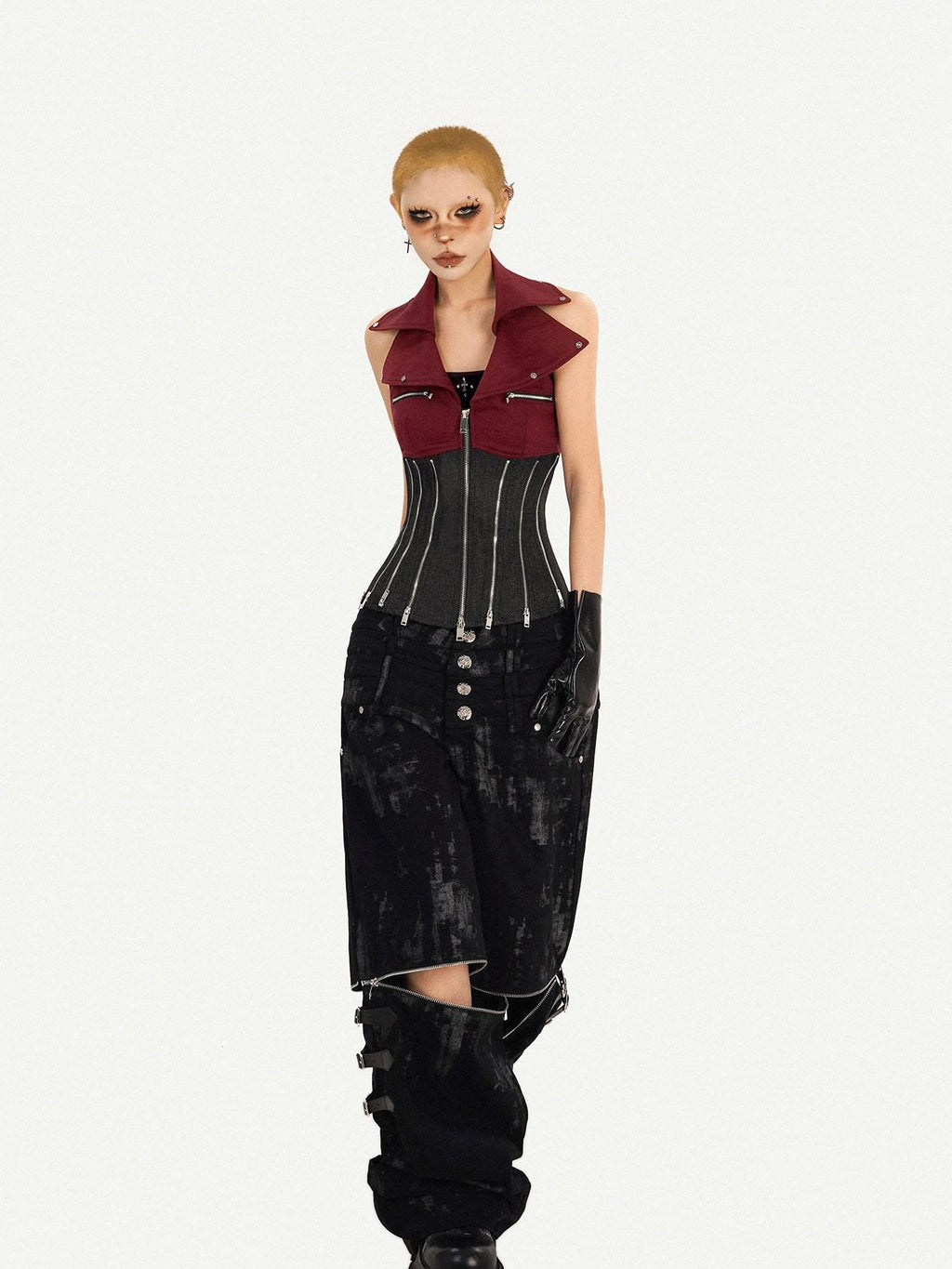 Nico Molly Red Colorblock Chain Zipper Punk Halter Lapel Collar Women's Denim Overshirts