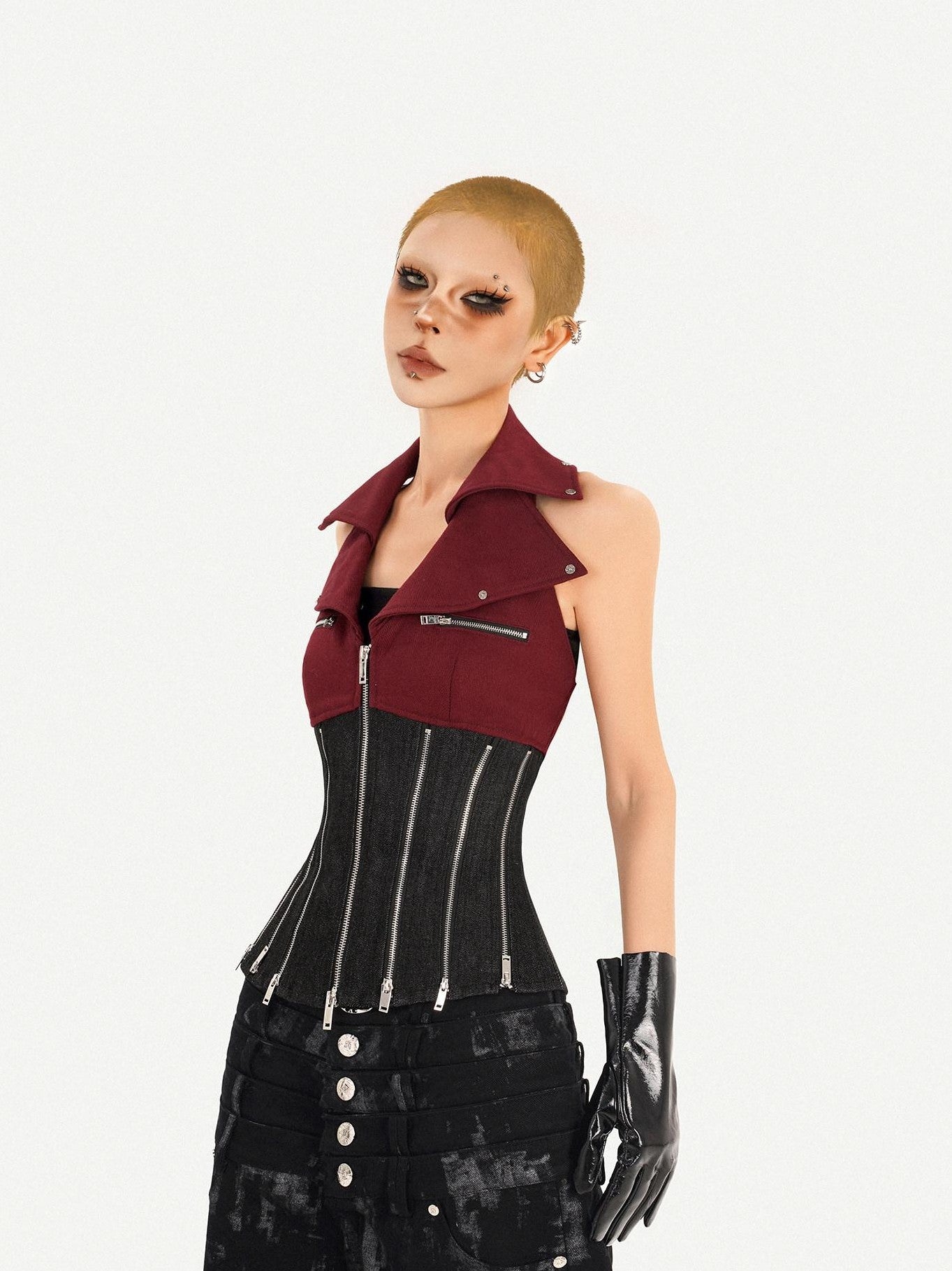 Nico Molly Red Colorblock Chain Zipper Punk Halter Lapel Collar Women's Denim Overshirts