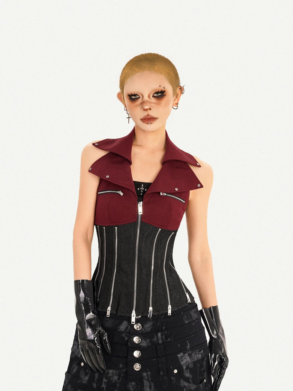 Nico Molly Red Colorblock Chain Zipper Punk Halter Lapel Collar Women's Denim Overshirts