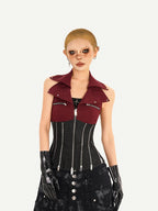 Nico Molly Red Colorblock Chain Zipper Punk Halter Lapel Collar Women's Denim Overshirts