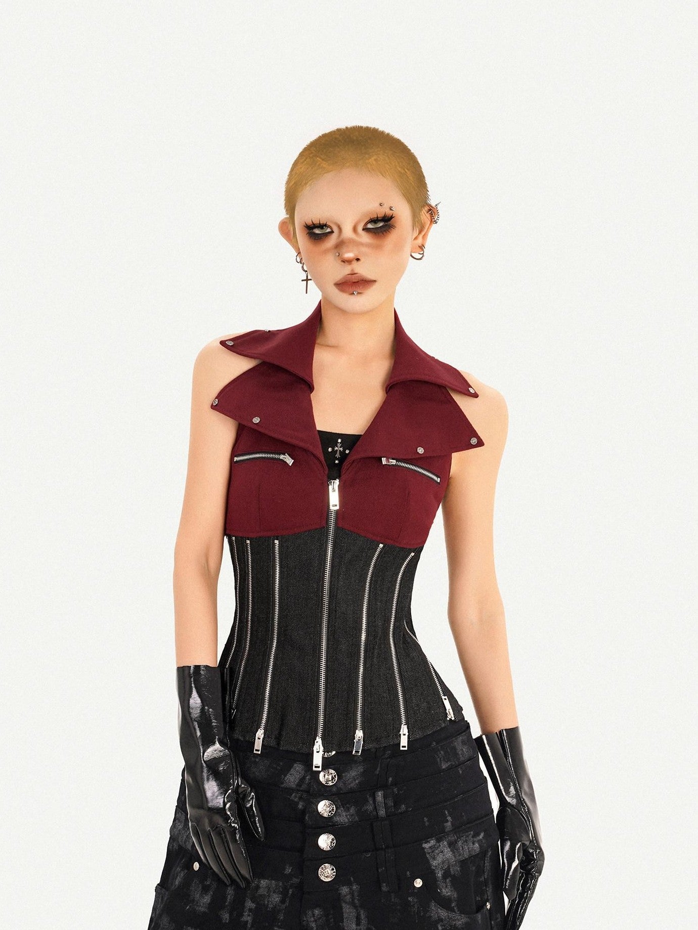Nico Molly Red Colorblock Chain Zipper Punk Halter Lapel Collar Women's Denim Overshirts