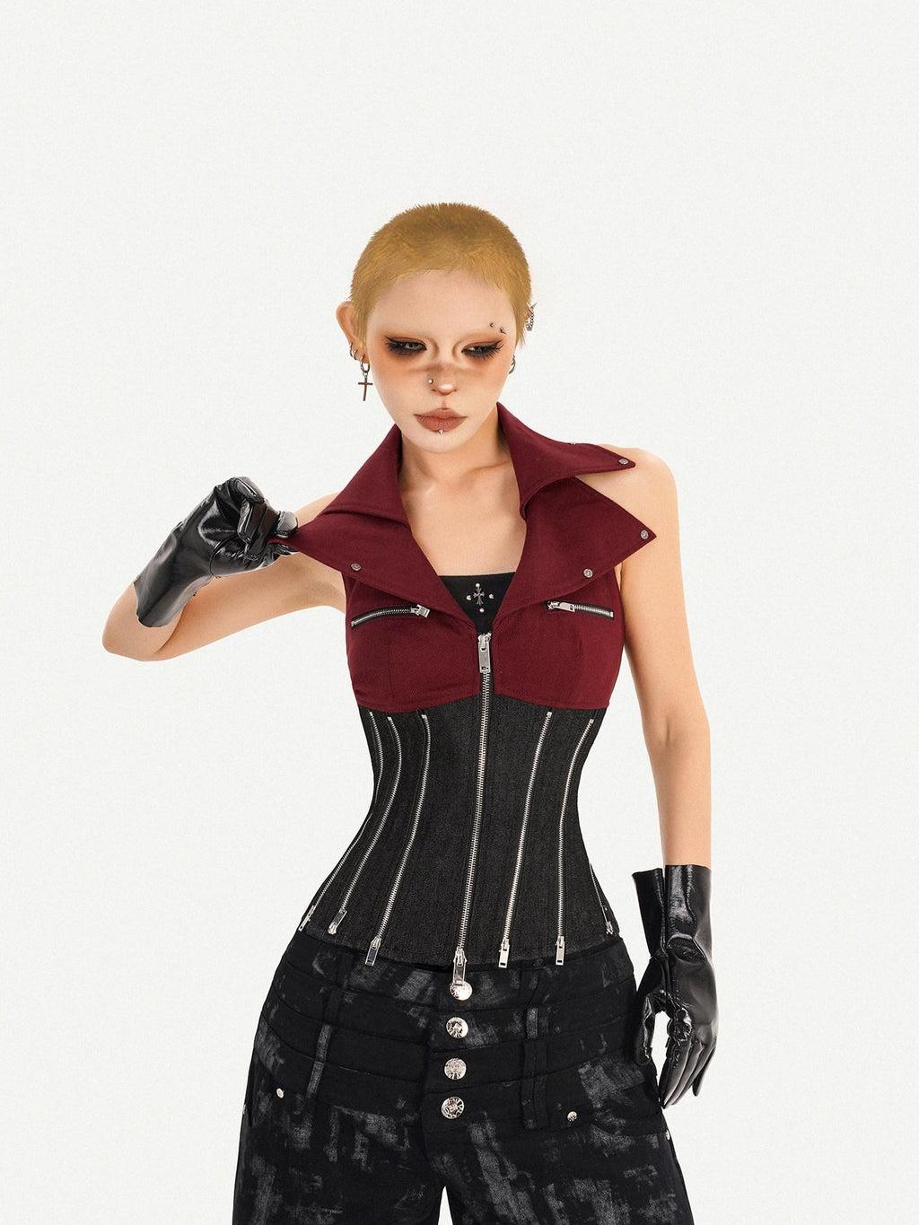 Nico Molly Red Colorblock Chain Zipper Punk Halter Lapel Collar Women's Denim Overshirts