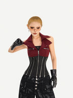 Nico Molly Red Colorblock Chain Zipper Punk Halter Lapel Collar Women's Denim Overshirts