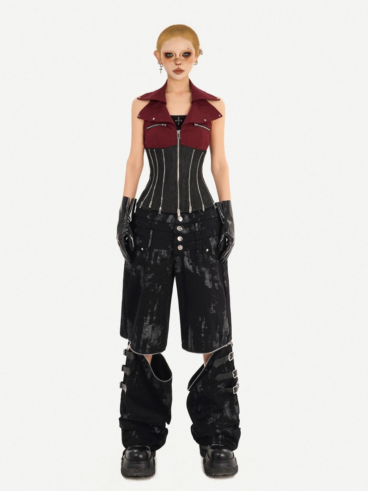 Nico Molly Red Colorblock Chain Zipper Punk Halter Lapel Collar Women's Denim Overshirts
