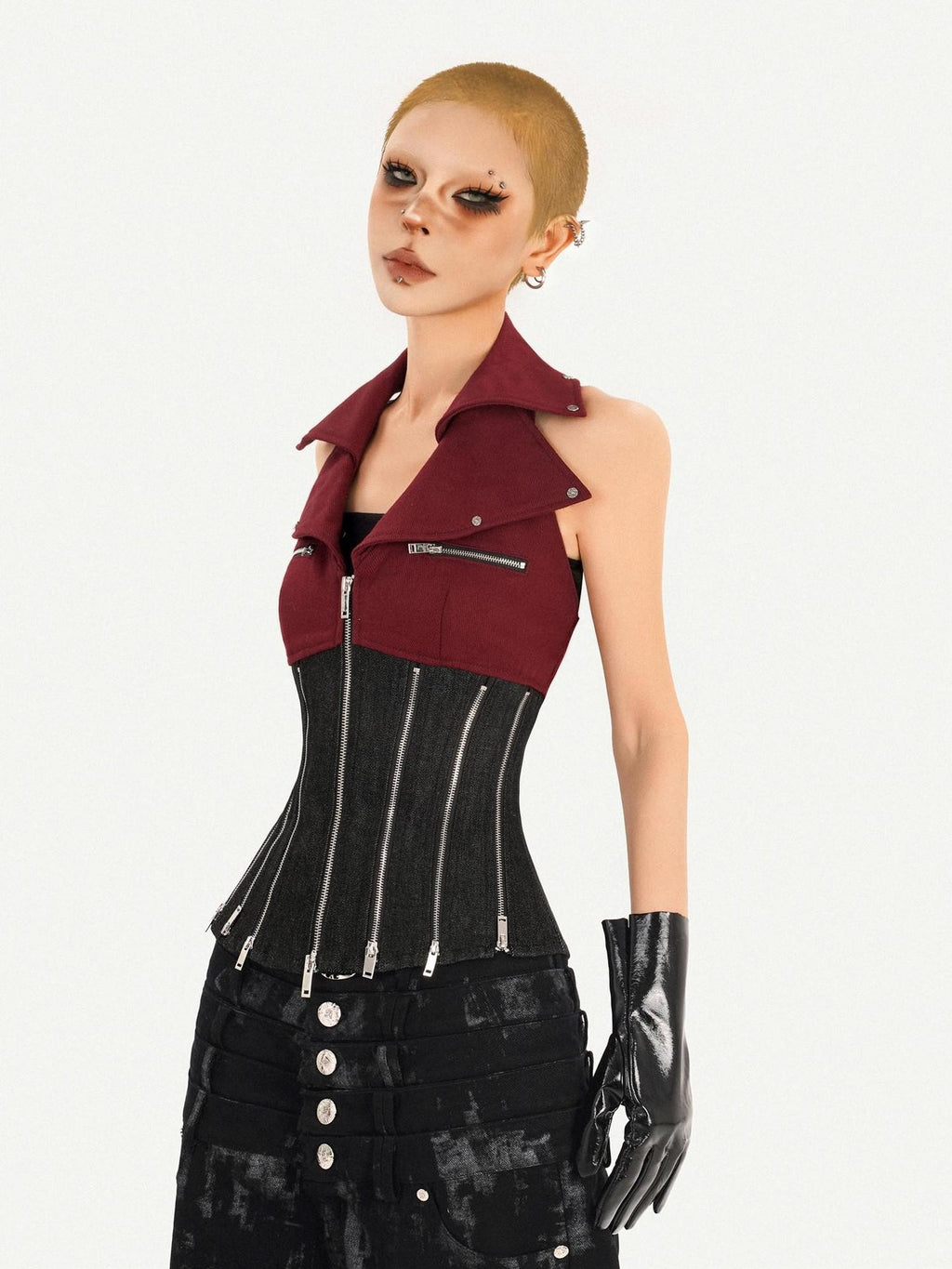 Nico Molly Red Colorblock Chain Zipper Punk Halter Lapel Collar Women's Denim Overshirts