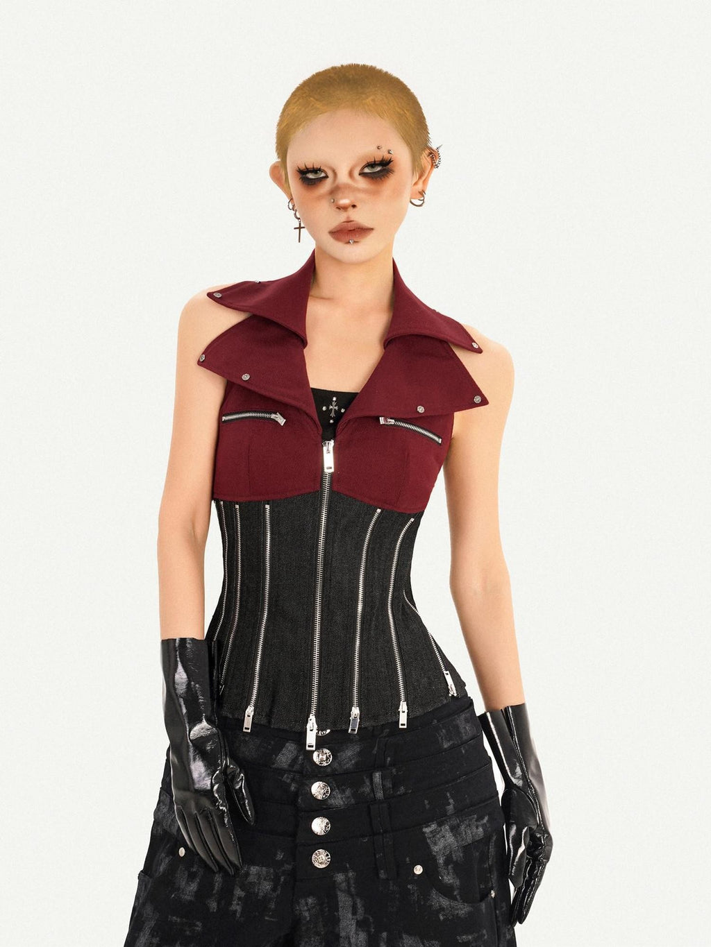 Nico Molly Red Colorblock Chain Zipper Punk Halter Lapel Collar Women's Denim Overshirts