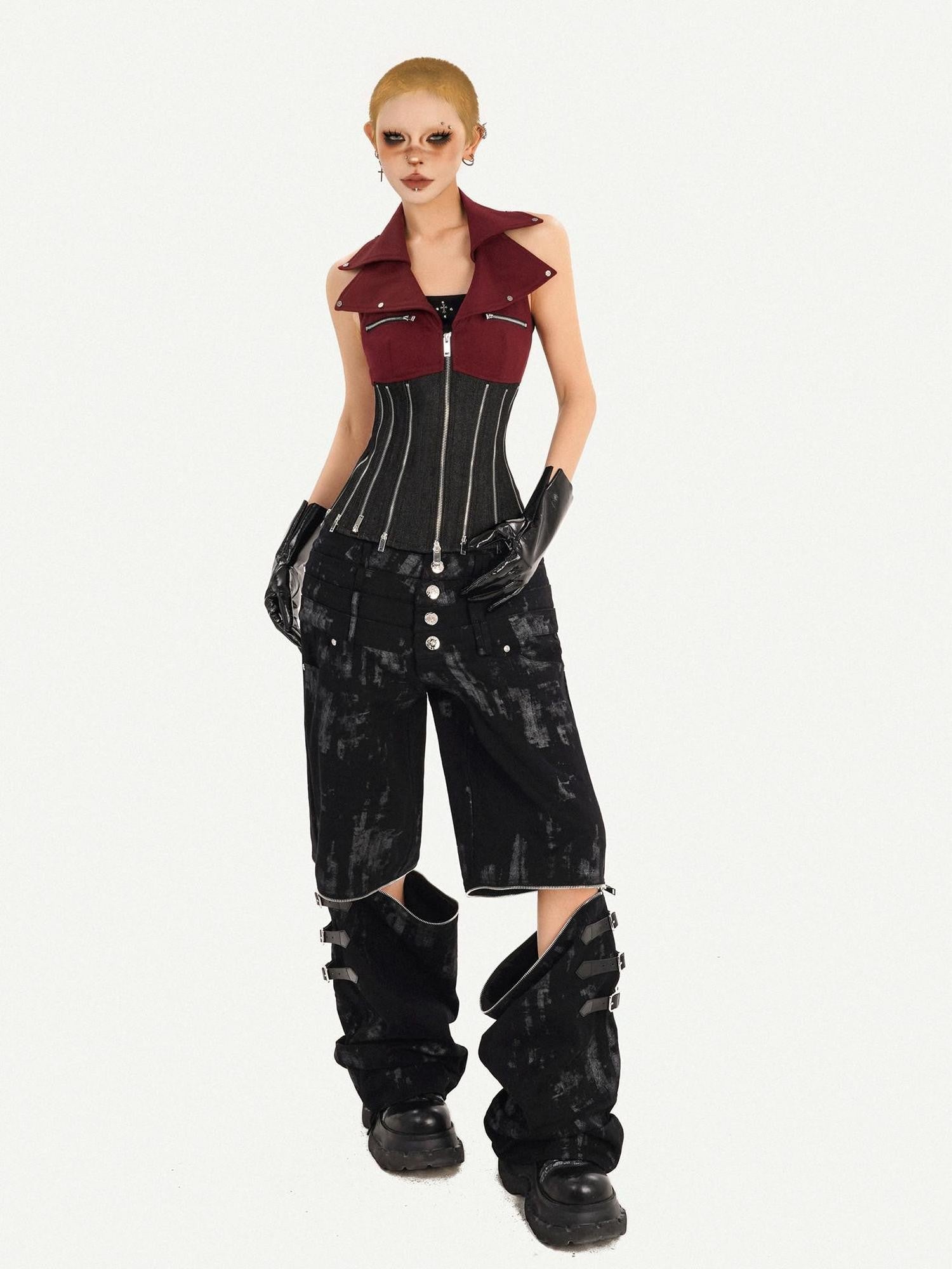 Nico Molly Red Colorblock Chain Zipper Punk Halter Lapel Collar Women's Denim Overshirts