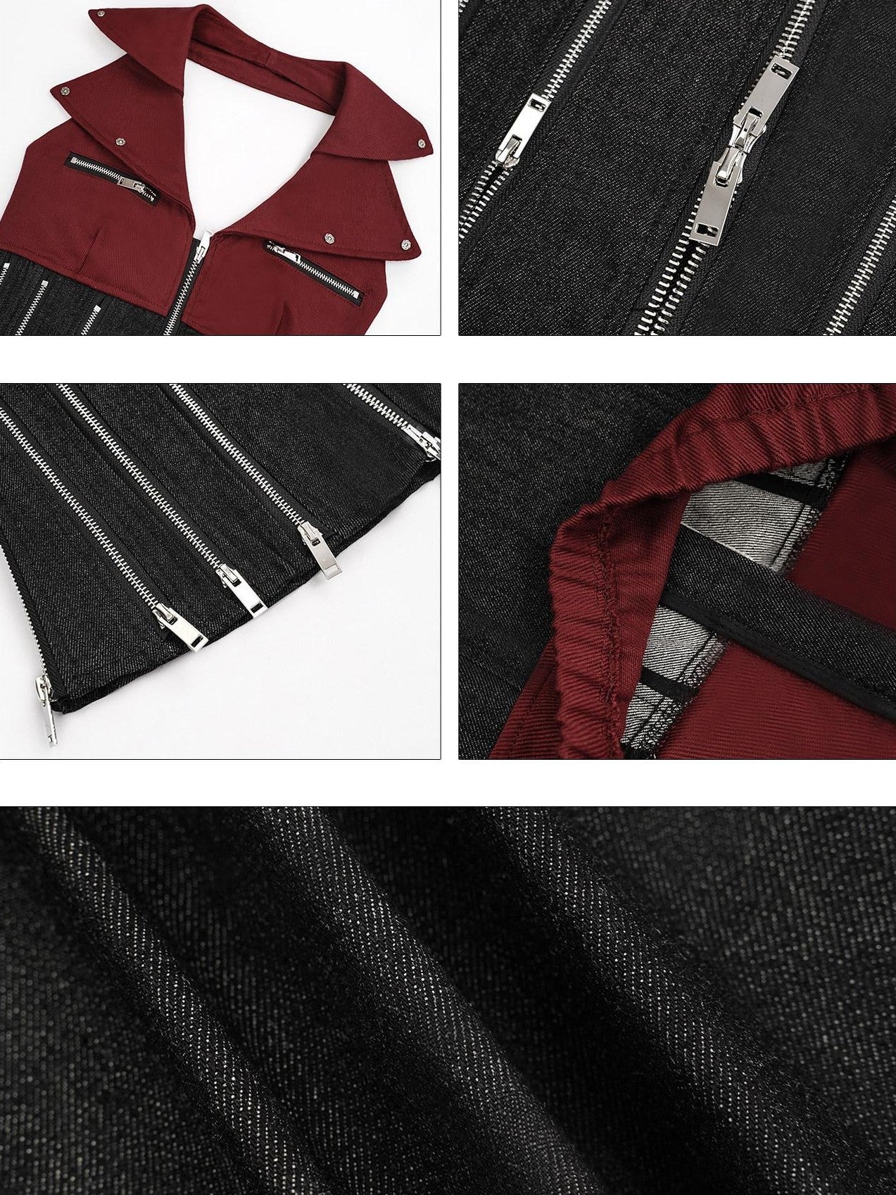 Nico Molly Red Colorblock Chain Zipper Punk Halter Lapel Collar Women's Denim Overshirts