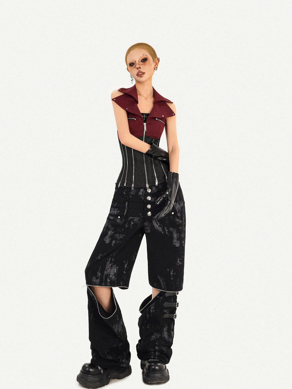 Nico Molly Red Colorblock Chain Zipper Punk Halter Lapel Collar Women's Denim Overshirts