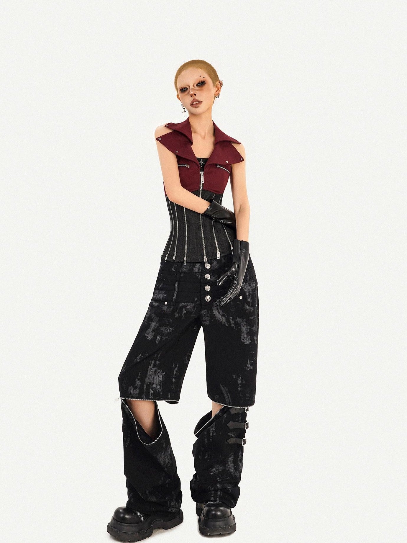 Nico Molly Red Colorblock Chain Zipper Punk Halter Lapel Collar Women's Denim Overshirts