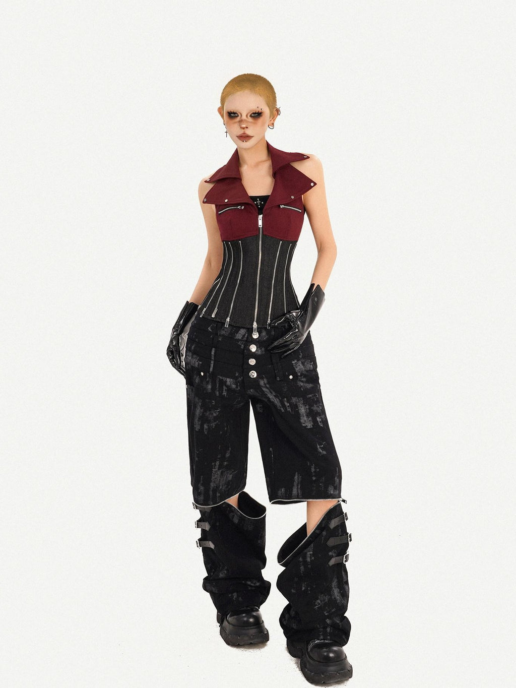 Nico Molly Red Colorblock Chain Zipper Punk Halter Lapel Collar Women's Denim Overshirts