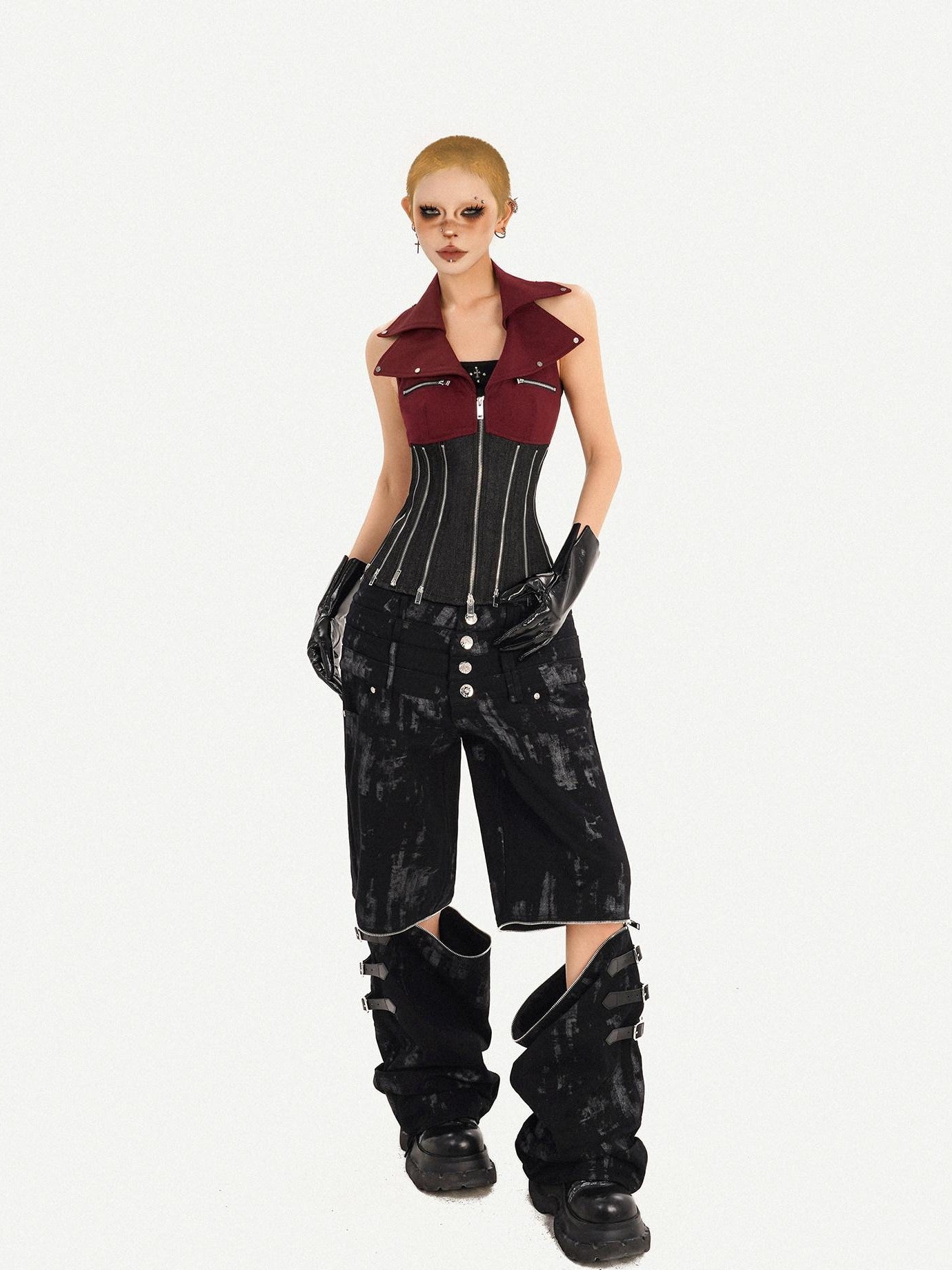 Nico Molly Red Colorblock Chain Zipper Punk Halter Lapel Collar Women's Denim Overshirts