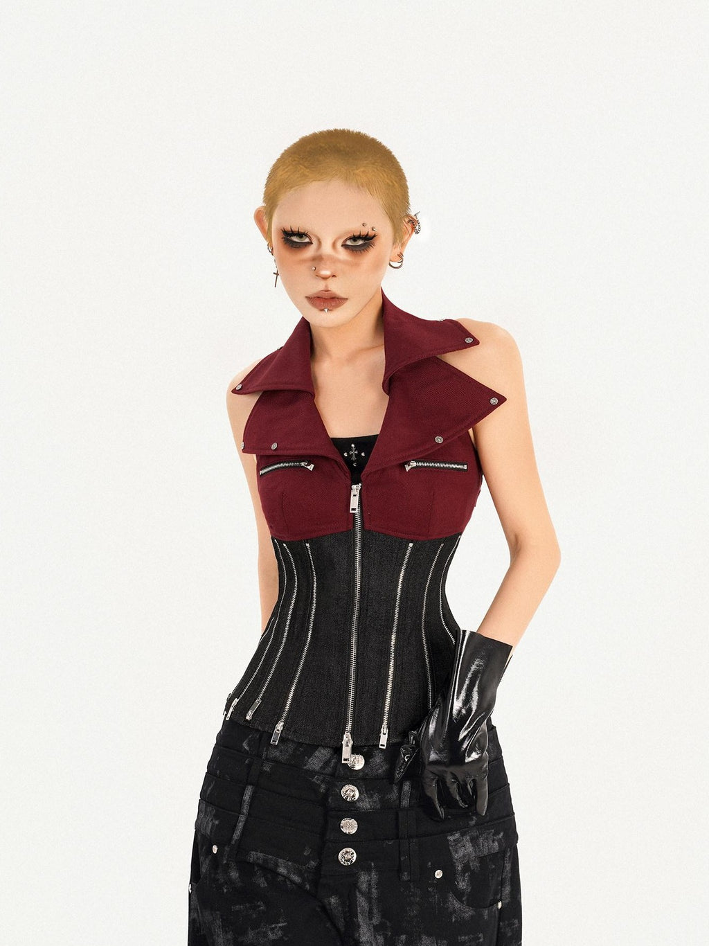 Nico Molly Red Colorblock Chain Zipper Punk Halter Lapel Collar Women's Denim Overshirts
