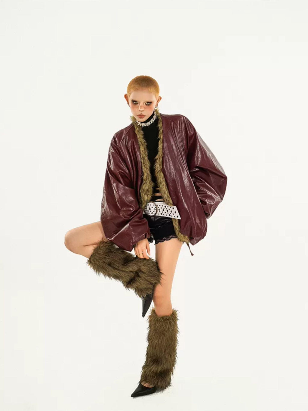 Nico Molly Red European Street V-neck Oversized Thick Women's Eco Fur Puffer Jackets