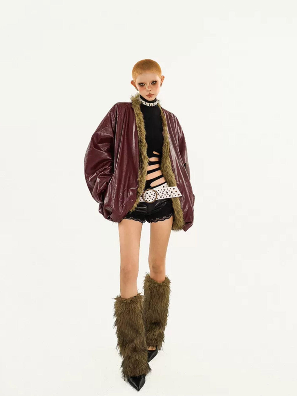 Nico Molly Red European Street V-neck Oversized Thick Women's Eco Fur Puffer Jackets