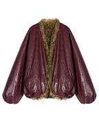 Nico Molly Red European Street V-neck Oversized Thick Women's Eco Fur Puffer Jackets