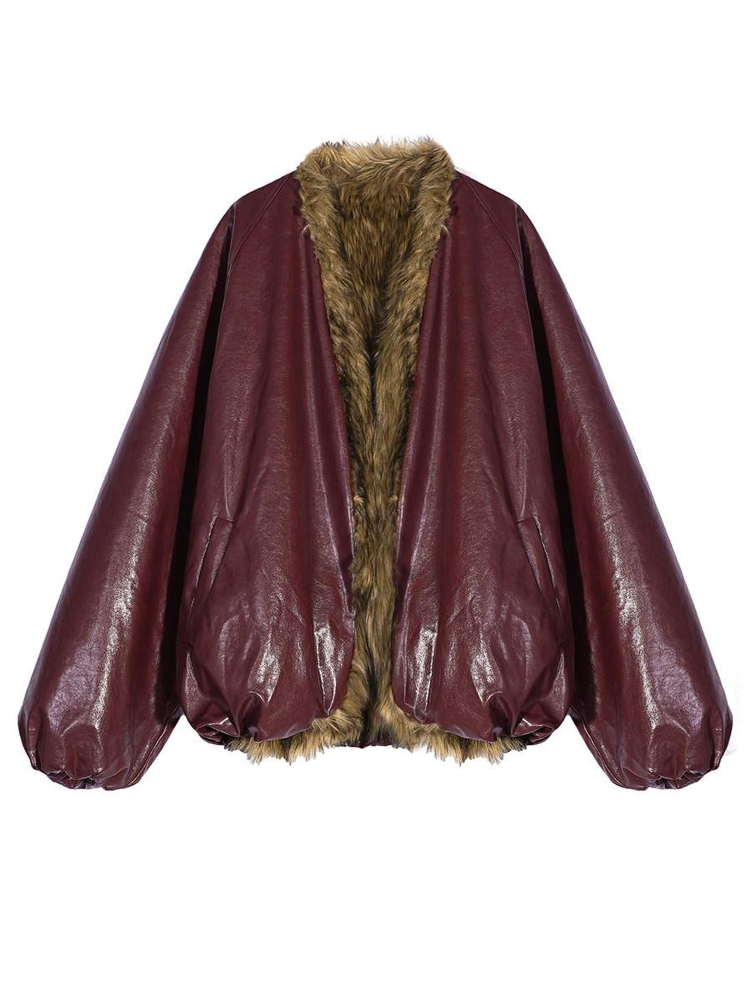 Nico Molly Red European Street V-neck Oversized Thick Women's Eco Fur Puffer Jackets