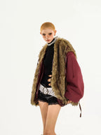 Nico Molly Red European Street V-neck Oversized Thick Women's Eco Fur Puffer Jackets