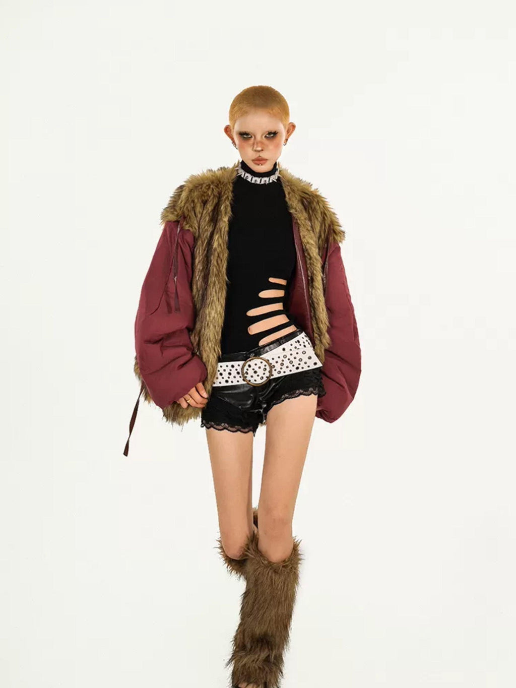 Nico Molly Red European Street V-neck Oversized Thick Women's Eco Fur Puffer Jackets