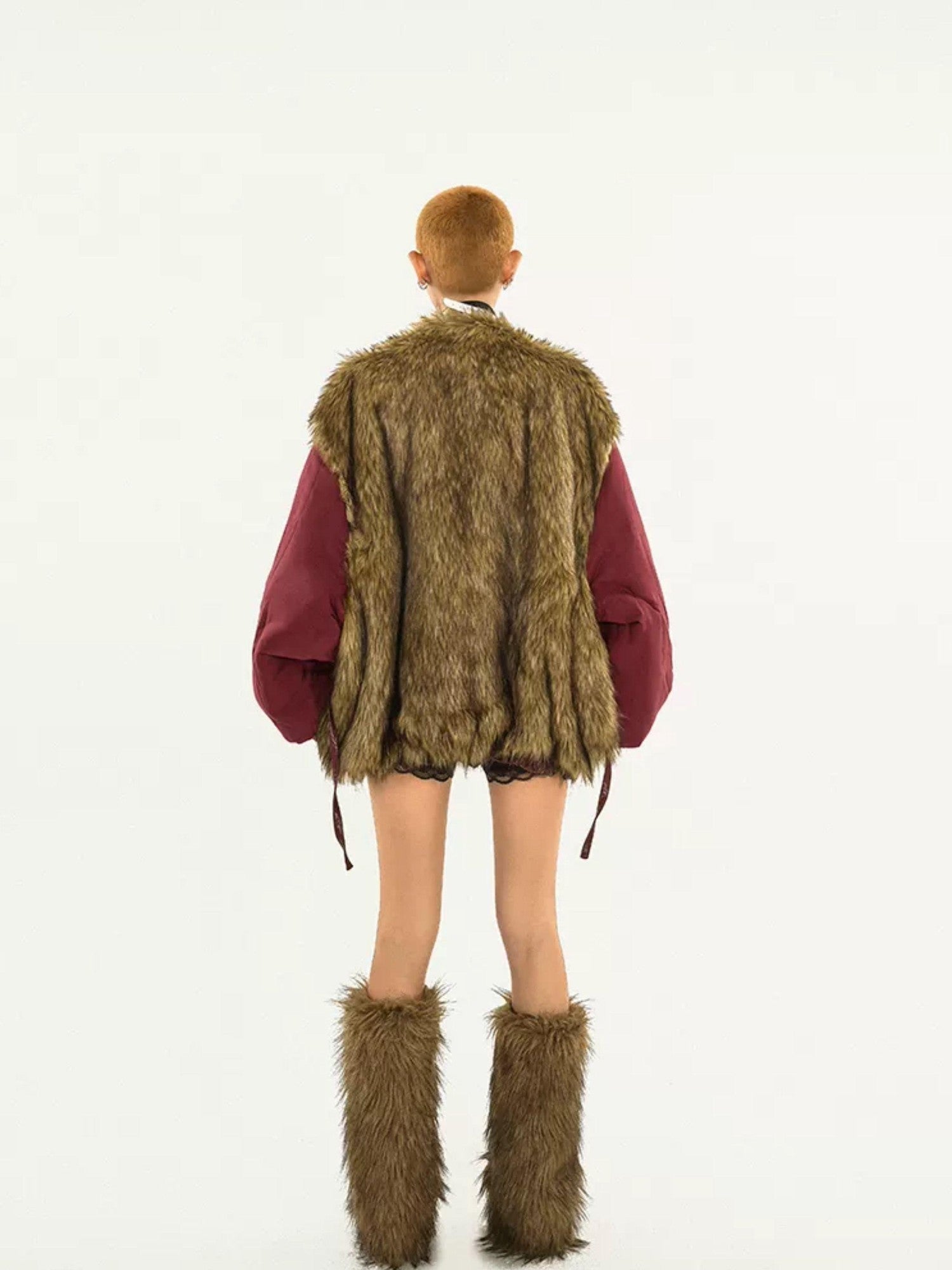 Nico Molly Red European Street V-neck Oversized Thick Women's Eco Fur Puffer Jackets