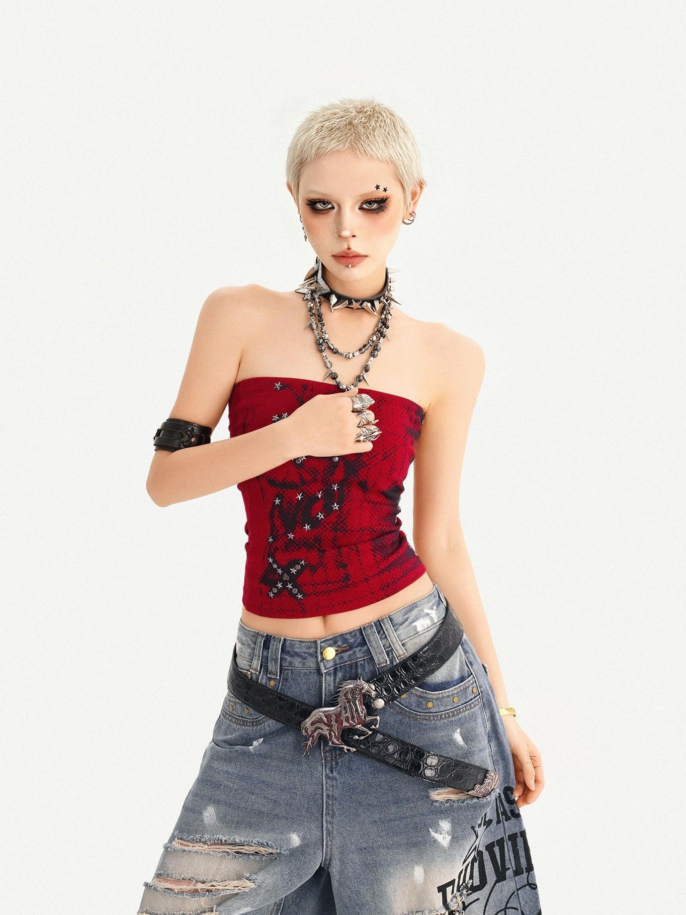 Nico Molly Red Gothic Studded Print Punk Bandeau Slim Cropped Women's Tank Tops