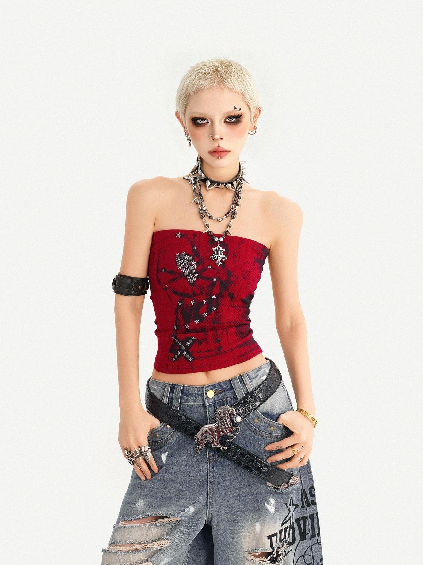 Nico Molly Red Gothic Studded Print Punk Bandeau Slim Cropped Women's Tank Tops