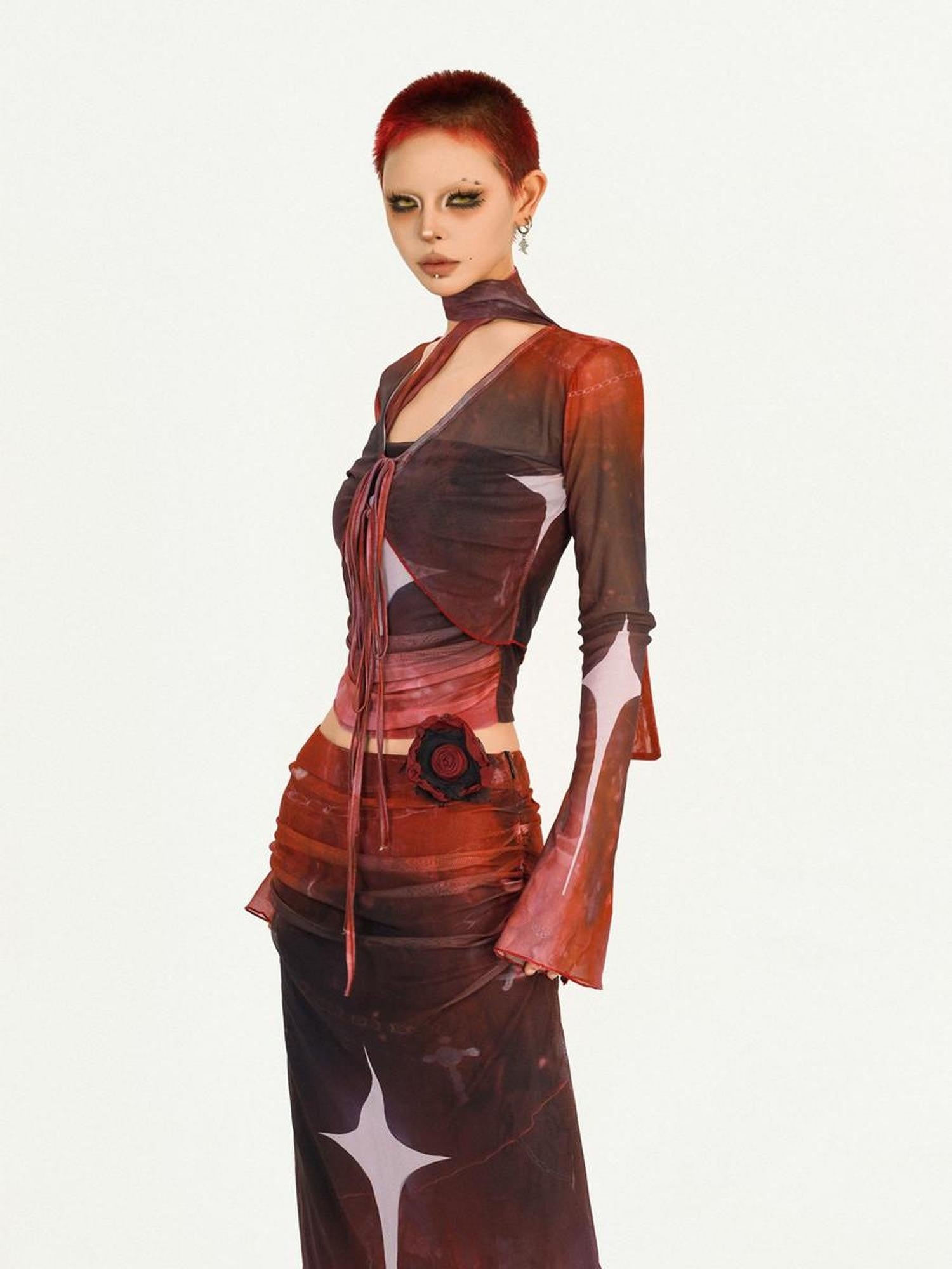 Nico Molly Red Mesh Shawl Strapless Bustier Long Sleeve Women's Mesh Top & Skirt Sets