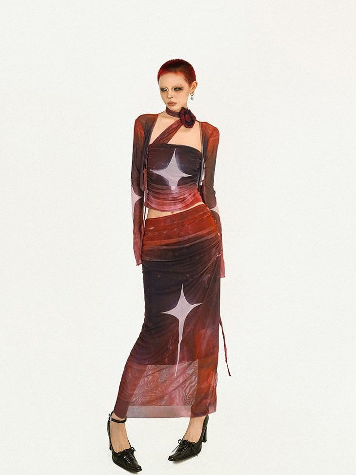 Nico Molly Red Mesh Shawl Strapless Bustier Long Sleeve Women's Mesh Top & Skirt Sets