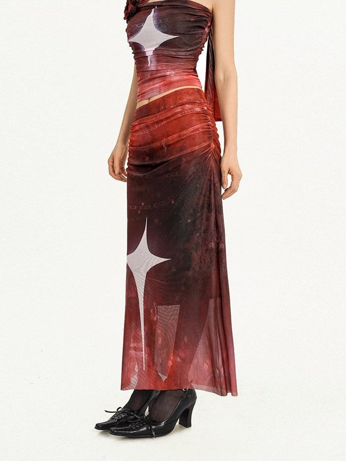 Nico Molly Red Mesh Shawl Strapless Bustier Long Sleeve Women's Mesh Top & Skirt Sets