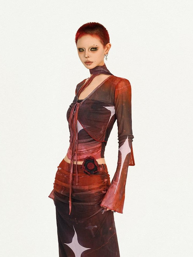 Nico Molly Red Mesh Shawl Strapless Bustier Long Sleeve Women's Mesh Top & Skirt Sets