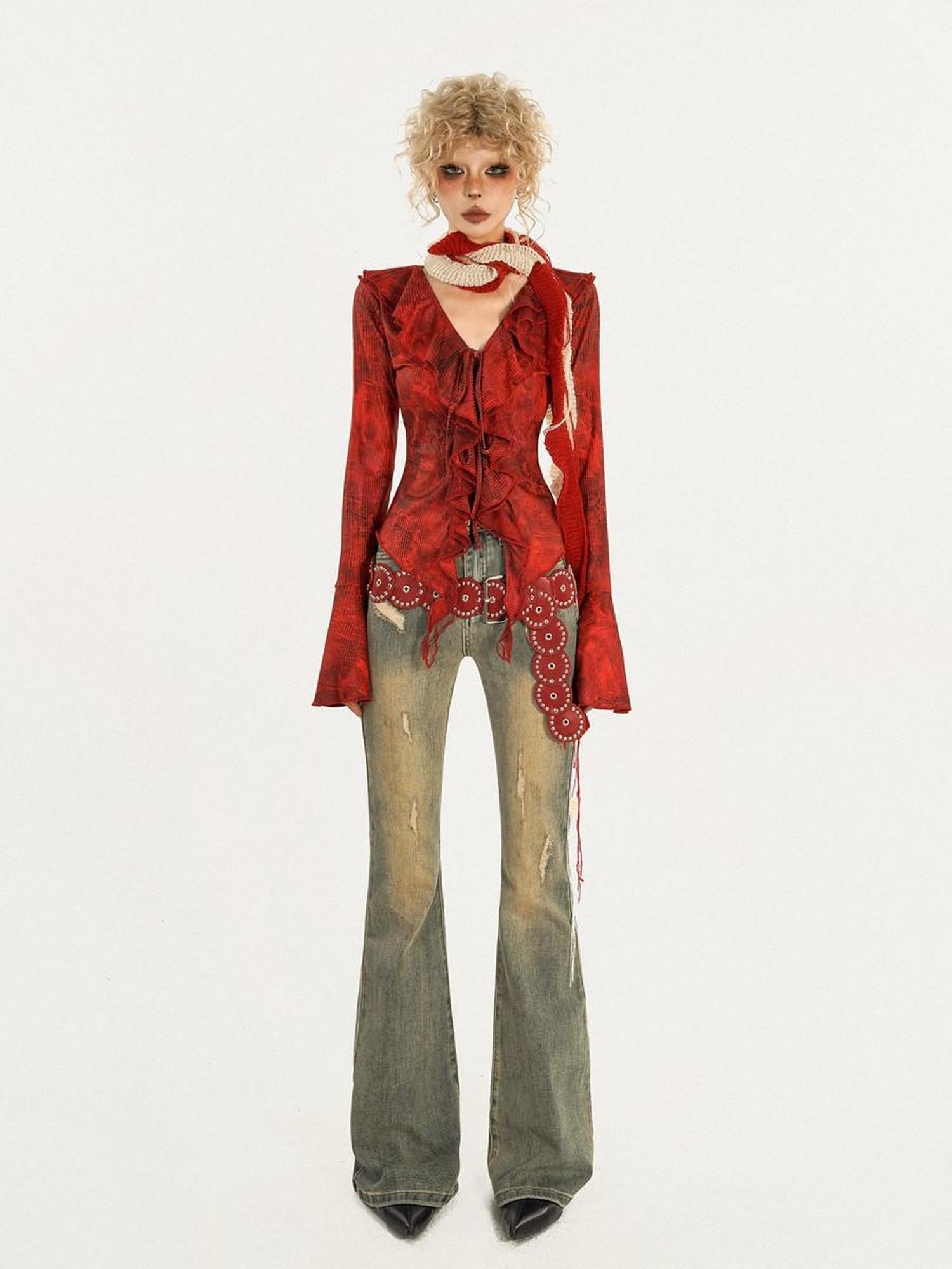 Nico Molly Red Ombre Tie Front V-neck Bell Sleeve Print Women's Poly Cotton Blouses