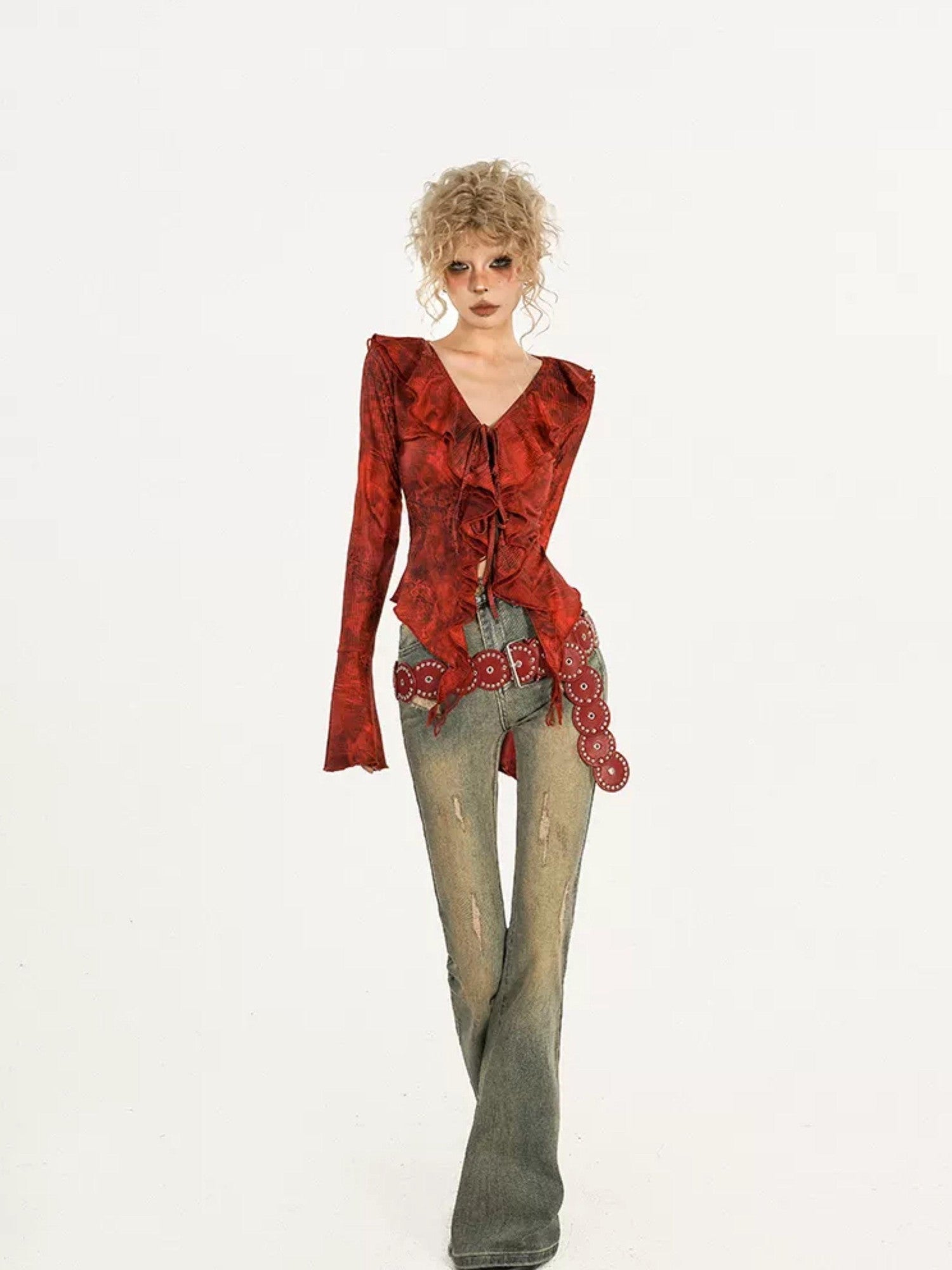 Nico Molly Red Ombre Tie Front V-neck Bell Sleeve Print Women's Poly Cotton Blouses