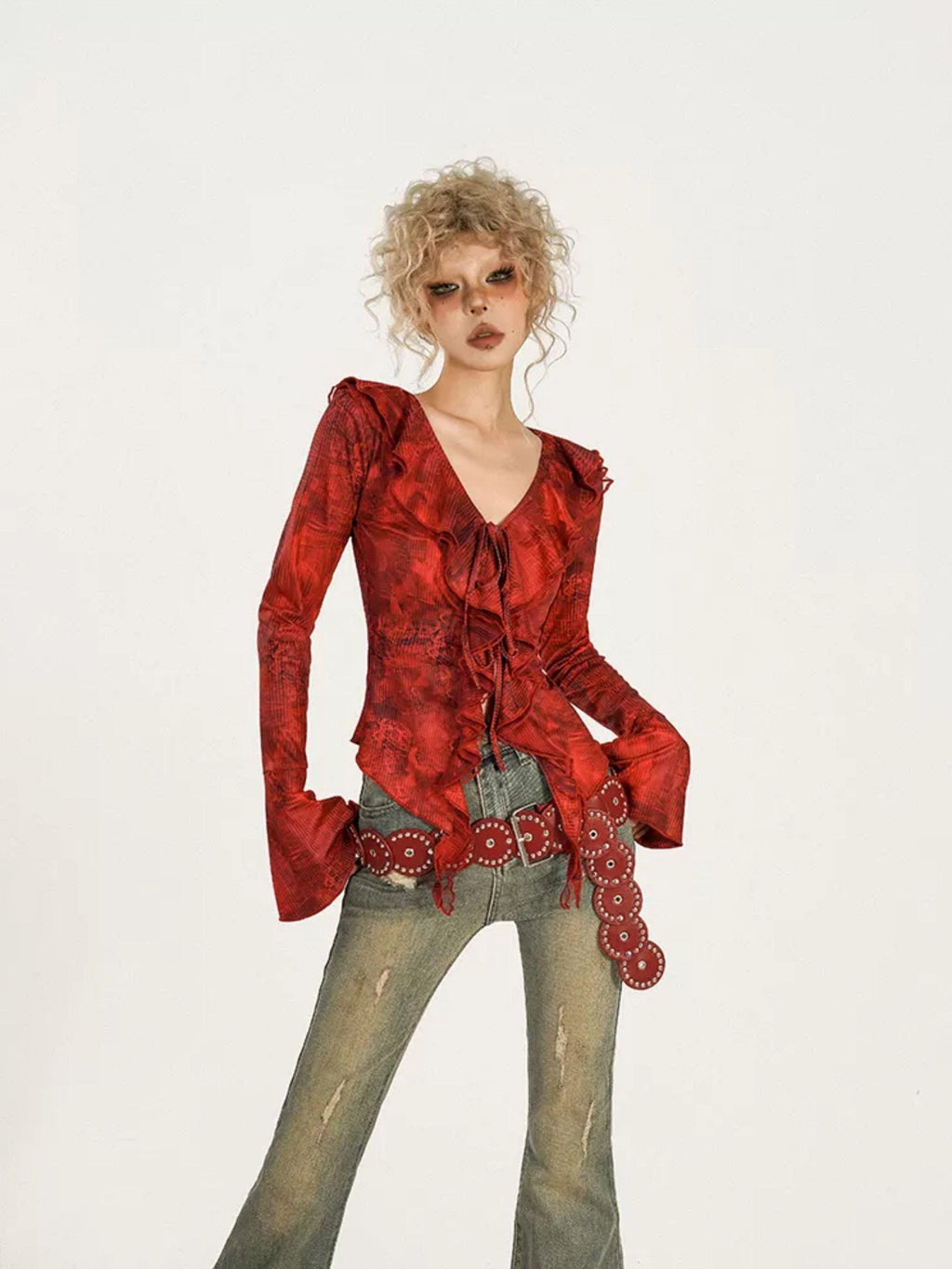 Nico Molly Red Ombre Tie Front V-neck Bell Sleeve Print Women's Poly Cotton Blouses