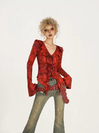 Nico Molly Red Ombre Tie Front V-neck Bell Sleeve Print Women's Poly Cotton Blouses