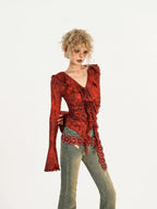 Nico Molly Red Ombre Tie Front V-neck Bell Sleeve Print Women's Poly Cotton Blouses