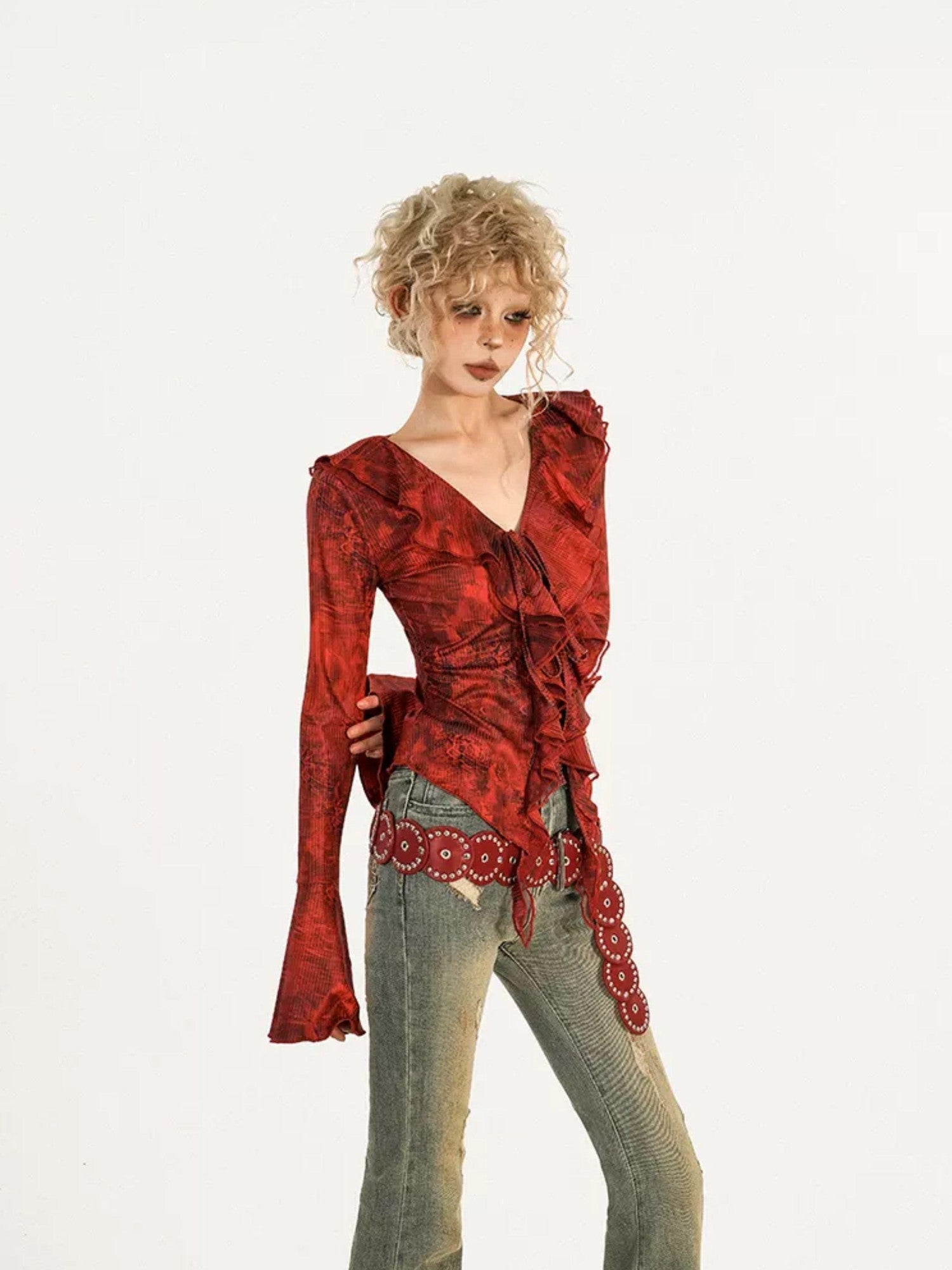 Nico Molly Red Ombre Tie Front V-neck Bell Sleeve Print Women's Poly Cotton Blouses