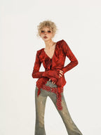 Nico Molly Red Ombre Tie Front V-neck Bell Sleeve Print Women's Poly Cotton Blouses