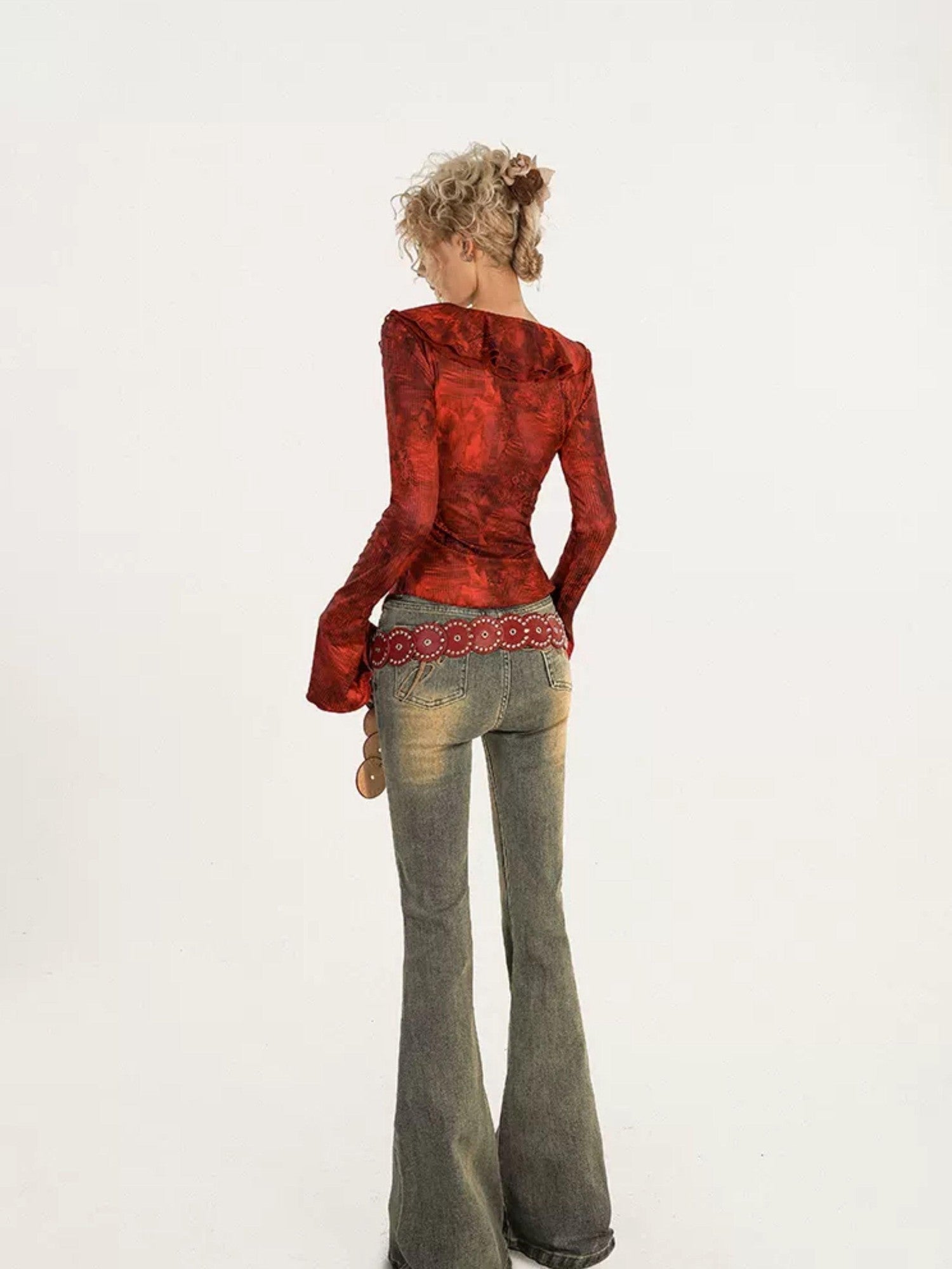 Nico Molly Red Ombre Tie Front V-neck Bell Sleeve Print Women's Poly Cotton Blouses